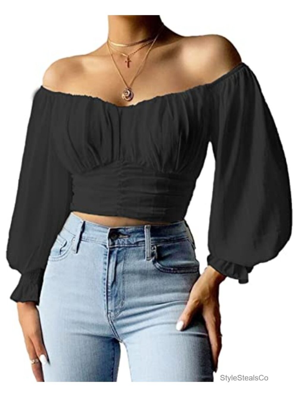 Off Shoulder Ruched Tie Back Lantern Sleeve Crop Chiffon Blouse